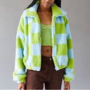 Green and blue urban outfitters checkered comfy teddy fleece jacket- Size M